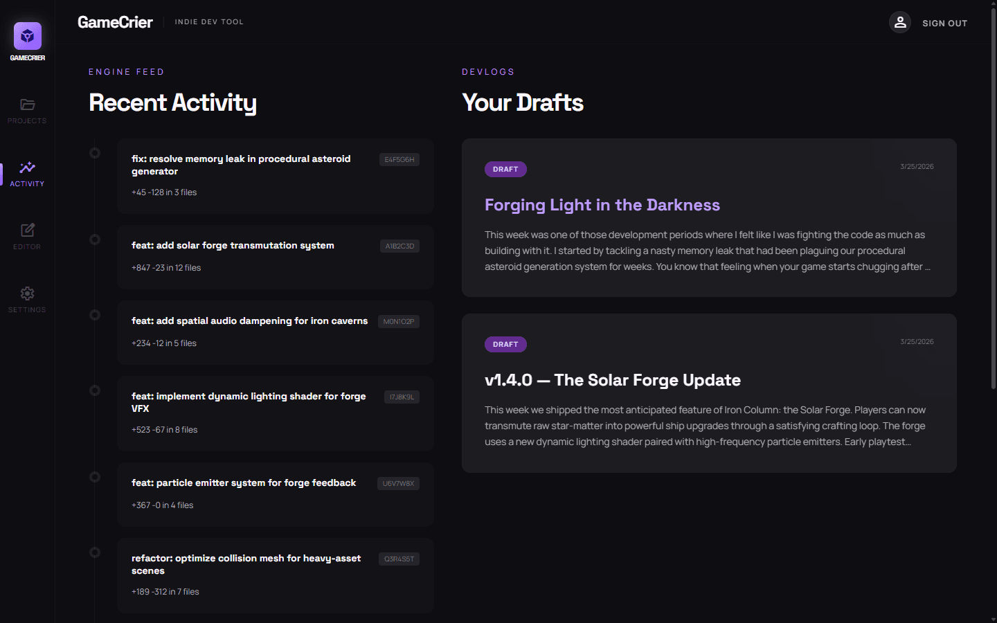 GameCrier activity feed with commit timeline and devlog drafts